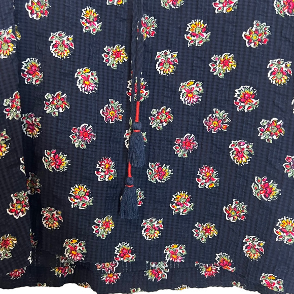 Loft Womens Peasant Blouse Small Navy Blue Floral Crinkle Fabric Tasseled Boho - Picture 3 of 6